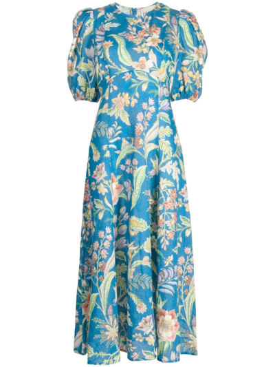 Alemais Women's June Floral Linen Midi Dress In Indigo