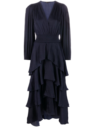 Maje Tiered Ruffle Midi Dress In Navy