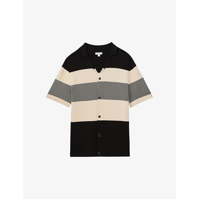 Reiss Mens Black Seville Stripe-pattern Stretch-woven T-shirt