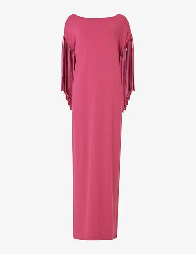 Leem Womens Pink Fringed-sleeve Stretch-knitted Maxi Dress