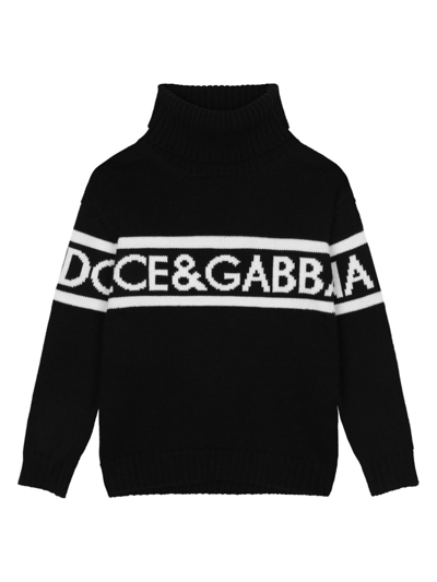 Dolce & Gabbana Kids' Logo羊毛针织高领毛衣 In Black