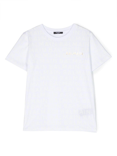 Balmain Kids' Logo-print Crew-neck T-shirt In White