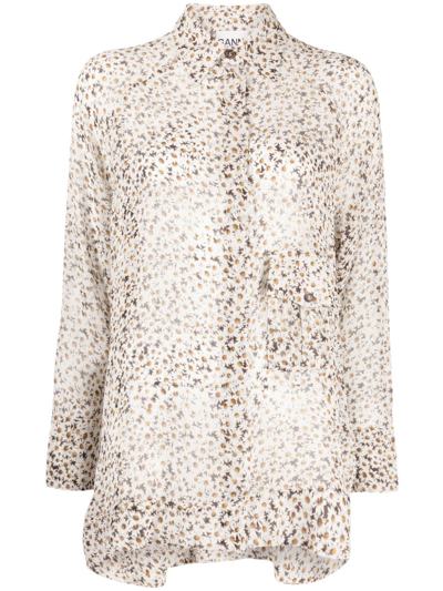 Ganni Floral-print Long-sleeve Shirt In Neutrals