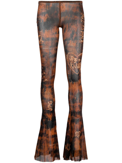 Jean Paul Gaultier X Knwls Semi-sheer Flared Trousers In Brown & Ecru