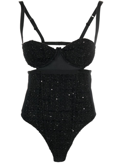 Gcds Sequin-embellished Tweed Bodysuit In Black