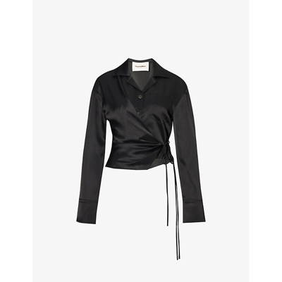 Nanushka Womens Black Merano V-neck Cropped Woven-blend Shirt In Black