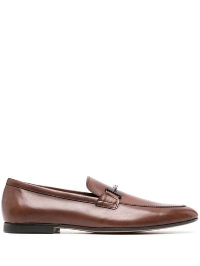 Tod's Double T Leather Loafers In Brown