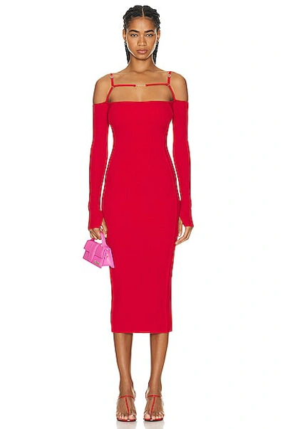 Jacquemus La Robe Sierra Cold Shoulder Long Sleeve Rib Cotton Sweater Dress In Red