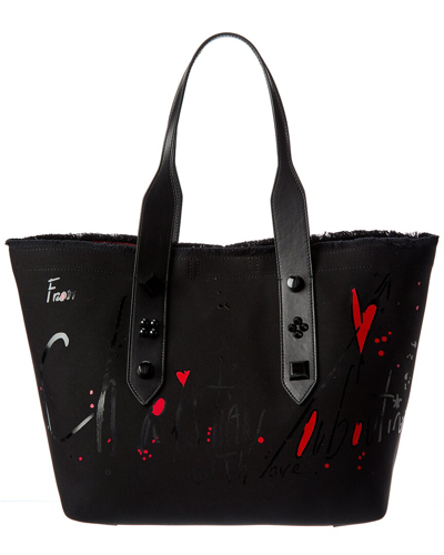 Christian Louboutin Frangibus Medium Embellished Leather-trimmed Printed Denim Tote In Black