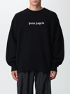 Palm Angels Black Cotton Crew Neck Sweatshirt With White Logo In Fuchsia