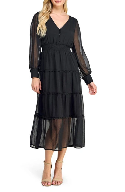 Koko + Mason Long Sleeve Tiered Midi Dress In Black