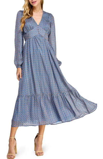Koko + Mason Geometric V-neck Long Sleeve Maxi Dress In Blue Print