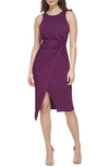 Guess Sleeveless Scuba Crepe Faux Wrap Dress In Plum