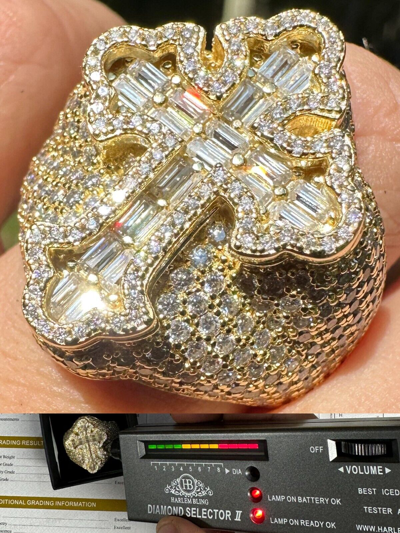 Pre-owned Harlembling 6.5ct Moissanite Iced Real Baguette Cross Shaped Ring 14k Gold Over 925 Silver In White/colorless