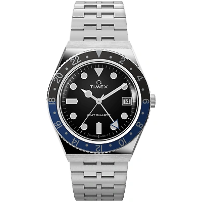 Pre-owned Timex Q Gmt 38mm Black Blue Ss