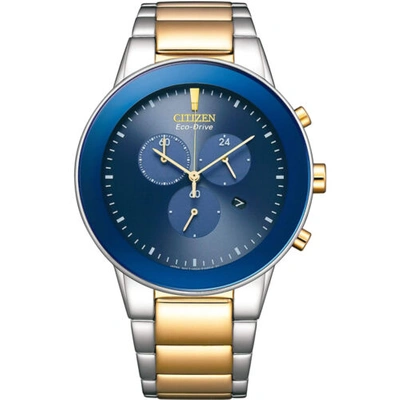 Pre-owned Citizen Men's Watch Eco-drive Chronograph Blue Dial Two Tone Bracelet At2244-84l