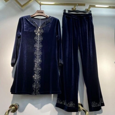 Pre-owned Handmade Custom Made To Order Bespoke Stretch Velvet Top & Pants Suit Two Piece Set L999 In Navy
