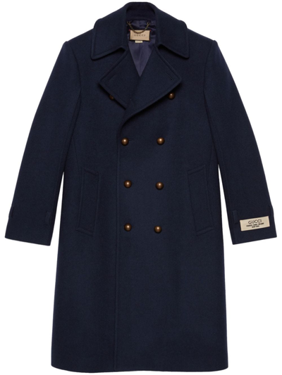 Gucci Logo-patch Double-breasted Wool Coat In Blau