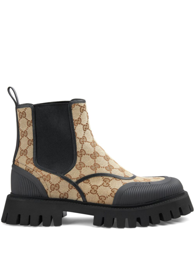 Gucci Men's Novo Gg Canvas Chelsea Boots In Beige,ebony