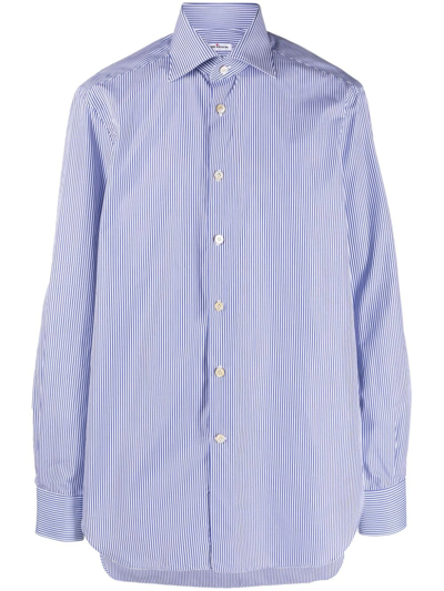 Kiton Striped Cotton Poplin Oxford Shirt In Blue