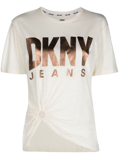 Dkny Logo-print Knot-detail T-shirt In Nude