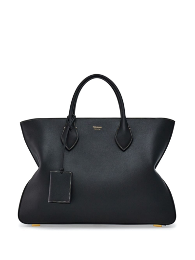 Ferragamo Large Leather Tote Bag In Nero