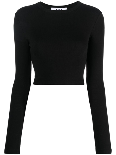 Msgm Cut-out Cropped Cotton T-shirt In Black