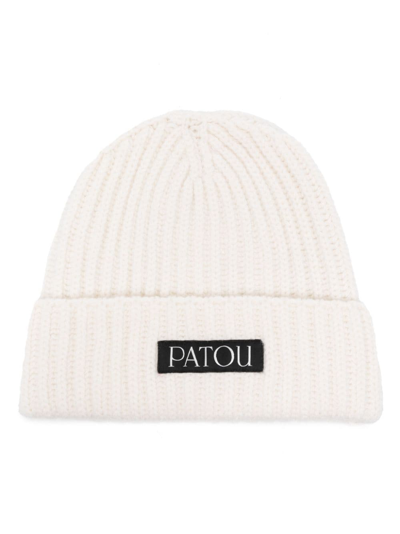 Patou Logo Patch Turn-up Brim Beanie In White