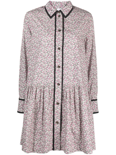 Ganni Long Sleeve Printed Cotton Mini Shirt Dress In Grey