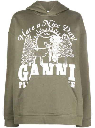 Ganni Logo-print Organic Cotton Hoodie In Green