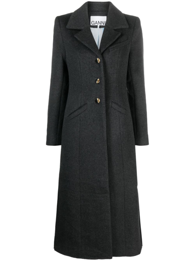 Ganni Single-breasted Wool Blend Midi Coat In Grey