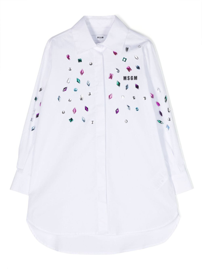 Msgm Kids' Logo-print Crystal-embellished Shirt In Weiss