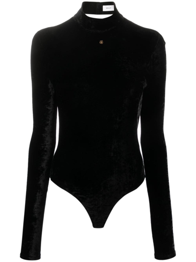 Bally Emblem Long-sleeve Velvet Bodysuit In Black