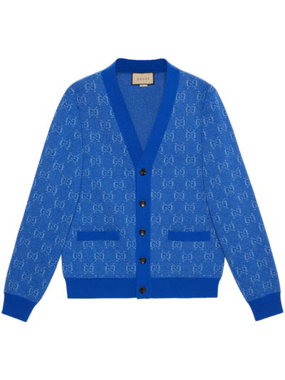 Gucci Logo-jacquard Wool Cardigan In Blue