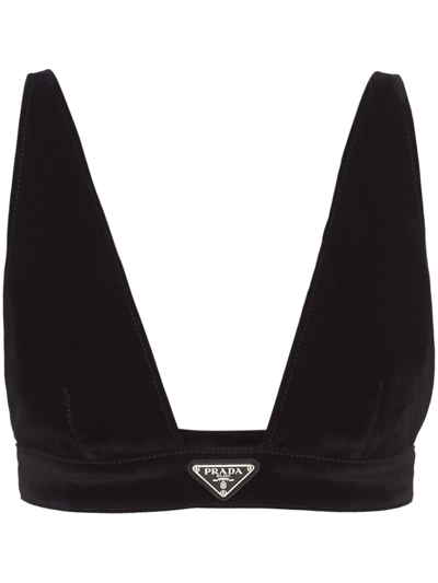 Prada Triangle-logo Velvet Denim Top In Black