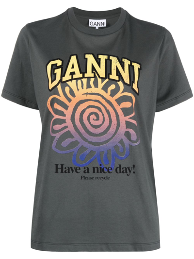 Ganni Basic Flower Print Cotton T-shirt In Grey