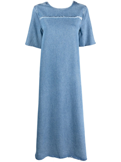 Ganni Short Sleeve Heavy Denim A-line Midi Dress In Blue