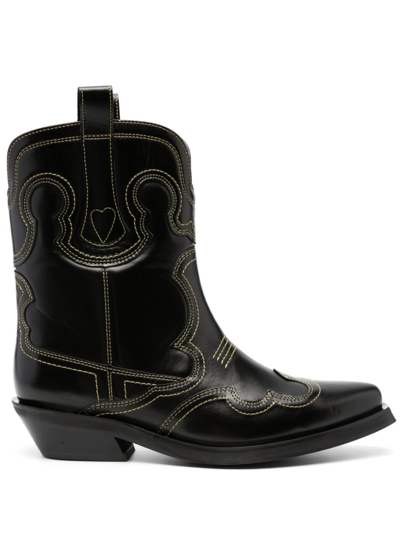 Ganni Calfskin Embroidered Western Booties In Black/yellow