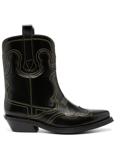 Ganni Calfskin Embroidered Western Booties In Black