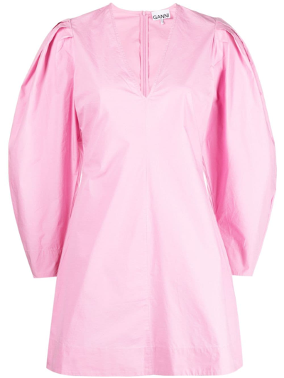 Ganni Puff-sleeves Organic Cotton Minidress In Rosa