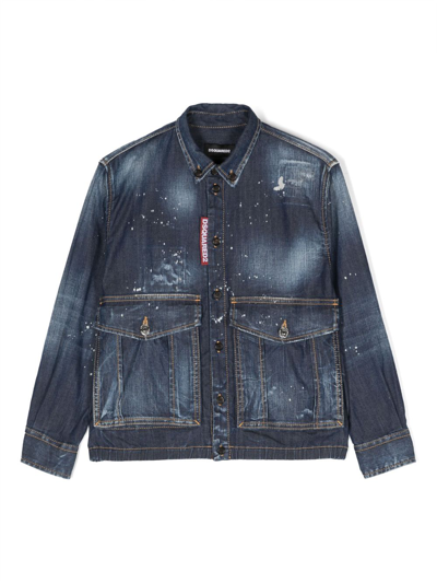 Dsquared2 Kids' Jeanshemd Mit Farbklecks-print In Blue