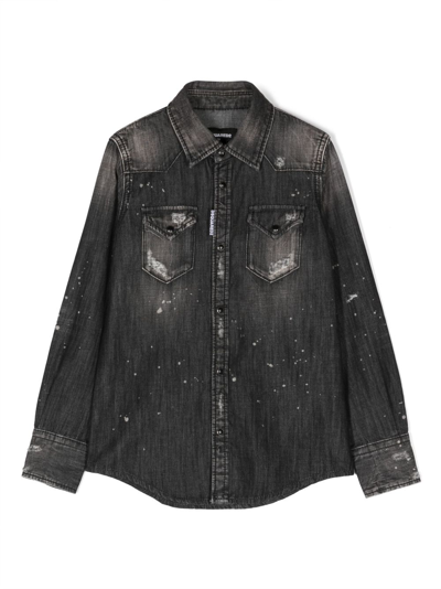 Dsquared2 Kids' Paint Splatter-detail Denim Shirt In Black