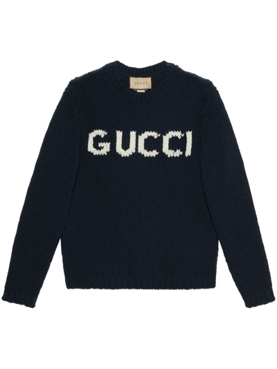 Gucci Intarsia-knit Logo Wool Jumper In Blau