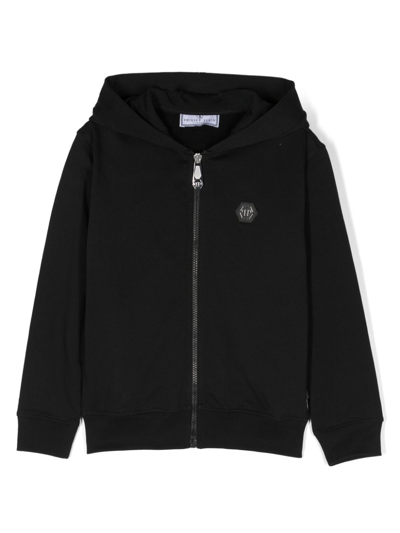 Philipp Plein Junior 标贴拉链连帽衫 In Schwarz