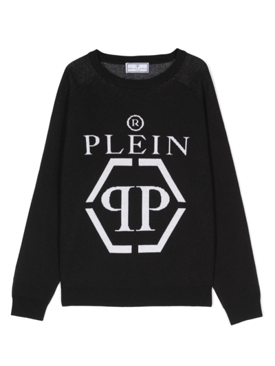 Philipp Plein Junior Logo嵌花针织圆领毛衣 In Schwarz