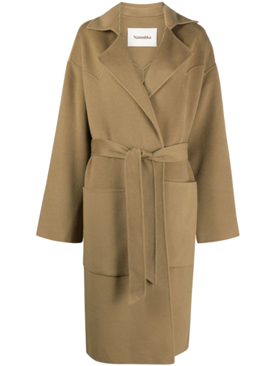 Nanushka Belted Wool-blend Coat In Brown