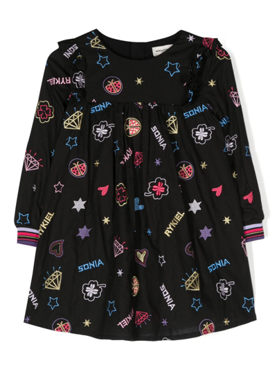 Sonia Rykiel Enfant Kids' Graphic-print Cotton Flared Dress In Black