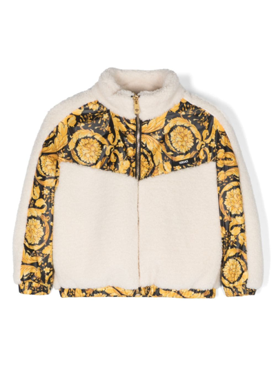 Versace Kids' Barrocco-print Fleece Jacket In Neutrals