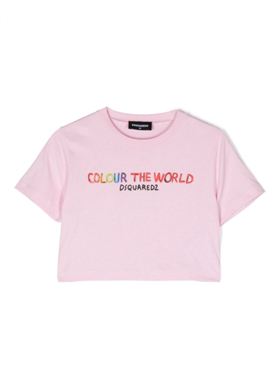Dsquared2 Kids' D2t974f T-shirt Dsquared Cropped Crew-neck Jersey T-shirt With Colour The World Lettering In Pink