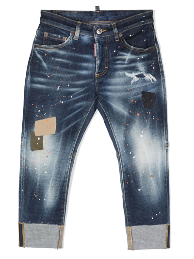 Dsquared2 Kids' D2p384m Sailor Jean Trousers Dsquared Shaded Dark Blue Sailor Straight Jeans With Patches And Spots